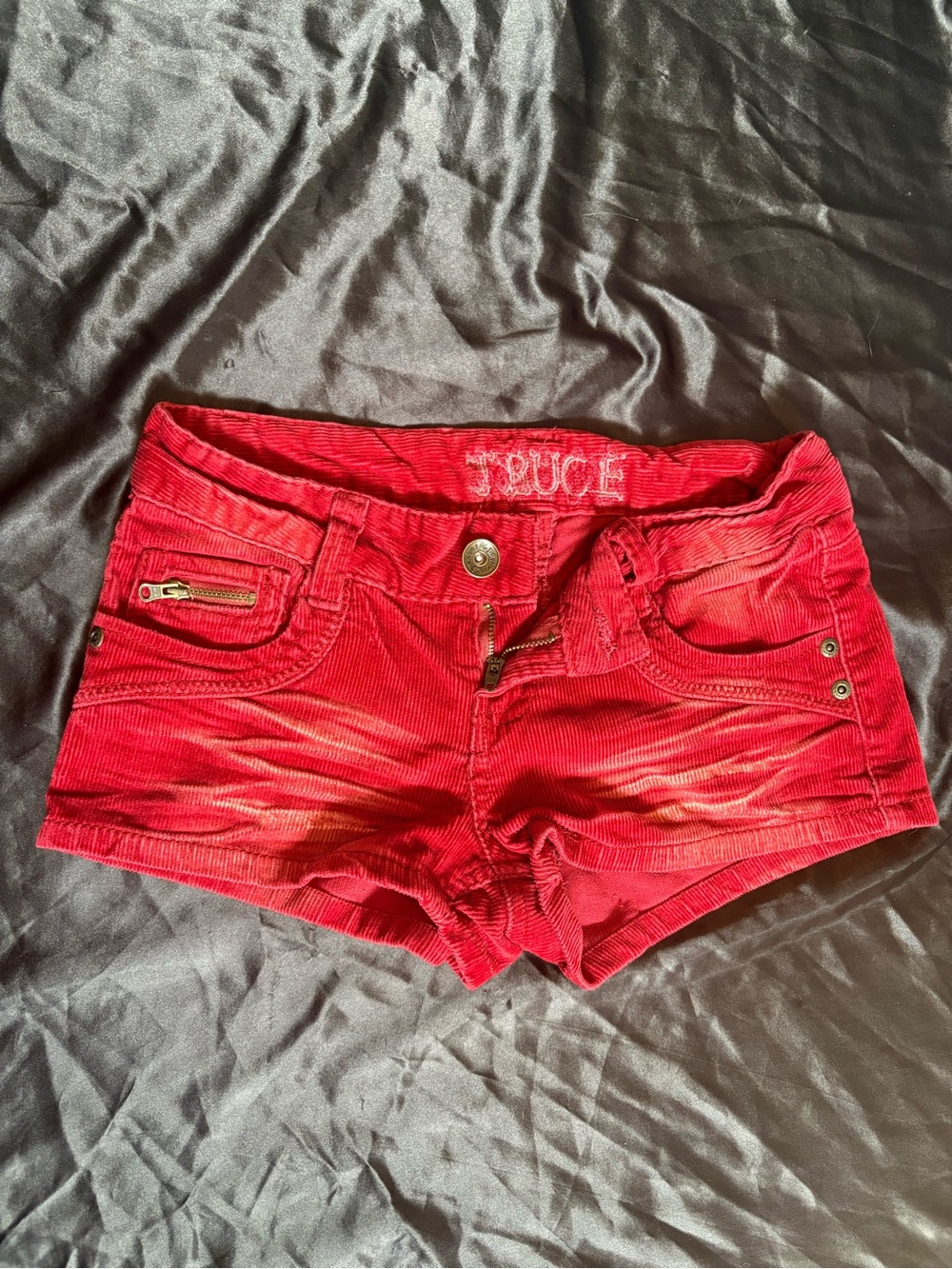 Distressed Red Jean Shorts